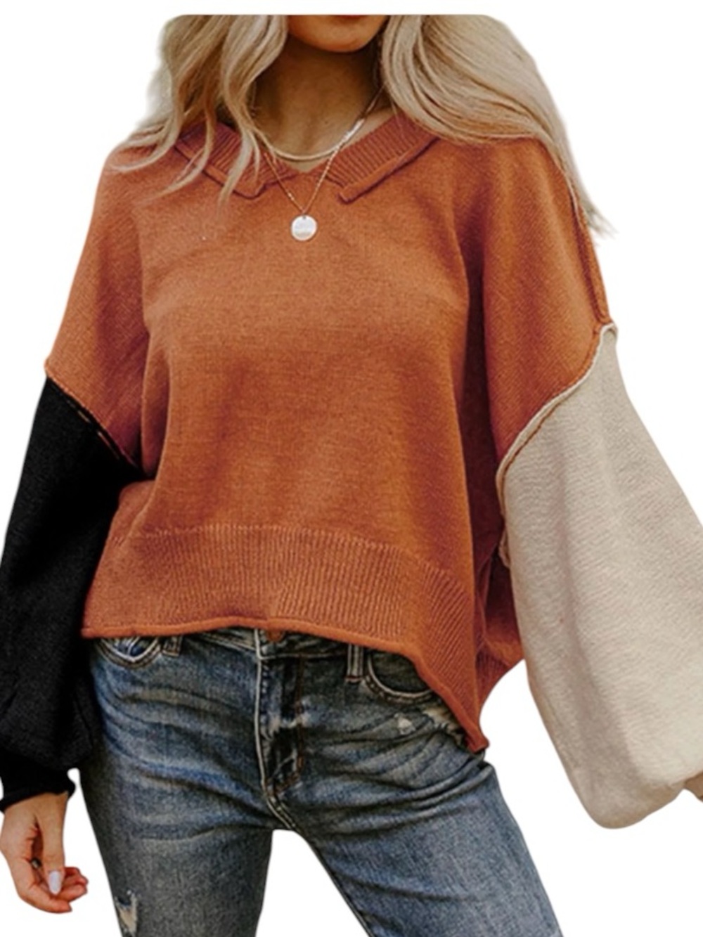 **NWOT** POL Colorblock Pullover Sweater in Rust, Black & Cream